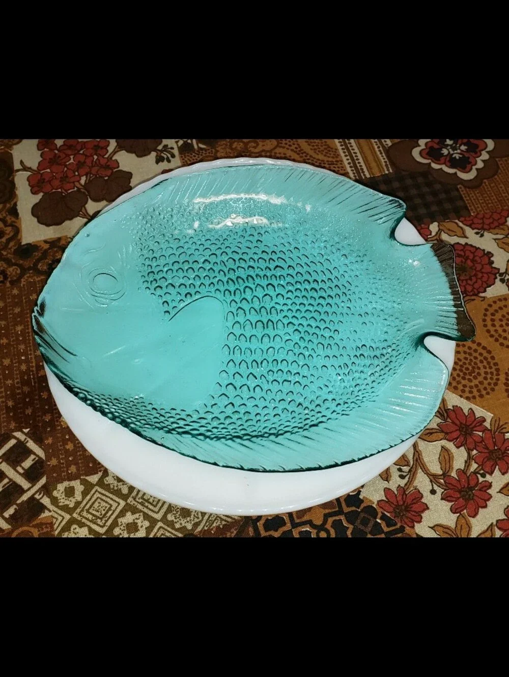 Mid-Century French Arcoroc Translucent Blue/Turquoise Glass Koi Fish Serving Set